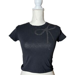 Haley & June Women Top XS Black Rhinestone Bow Short Sleeve T Shirt Coquette Y2K
